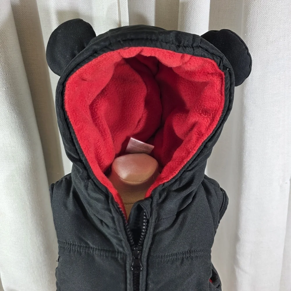 Disney Mickey Mouse Toddler Hooded Puffer Vest 3T Black Red Fleece Lined